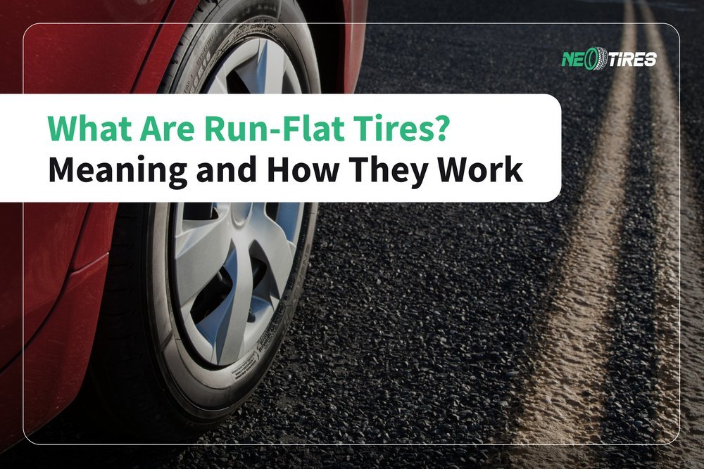 A close-up view of a car tire on asphalt representing flat tire meaning.
